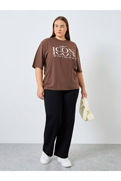 Styli Plus Size Brown Graphic Print T-Shirt