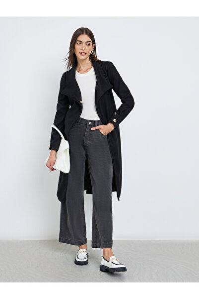 Styli معطف أسود بطول الركبة مع حزام