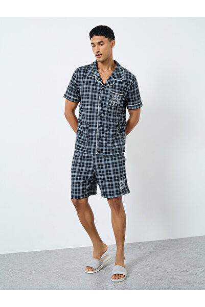 Styli Men Pocket Embroidery Shirt and Checked Shorts Set