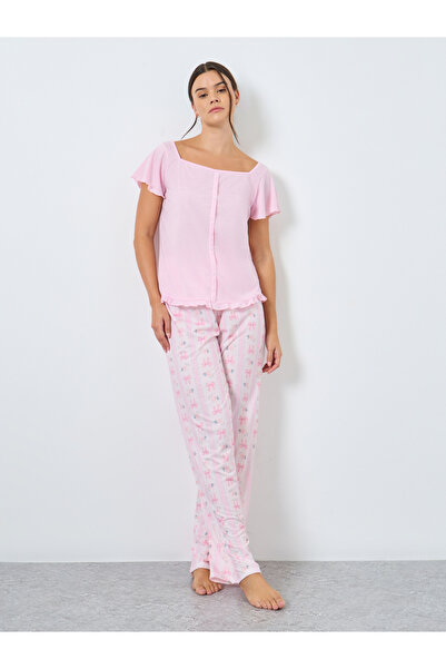 Styli Button Through Lettuce Hem Top and Bow Print Pyjama Set