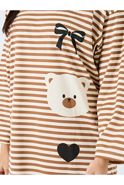 Take Two By Styli Striped Bear Print Long Sleeve Nightdress