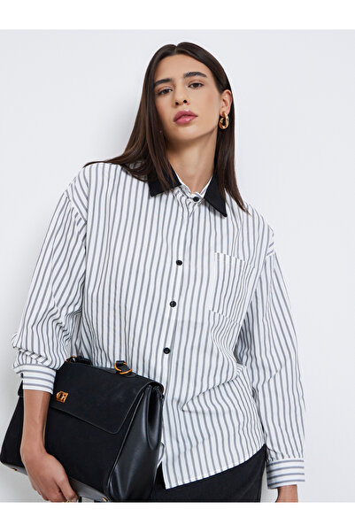 Styli قميص مخطط بياقة متباينة قصة فضفاضة