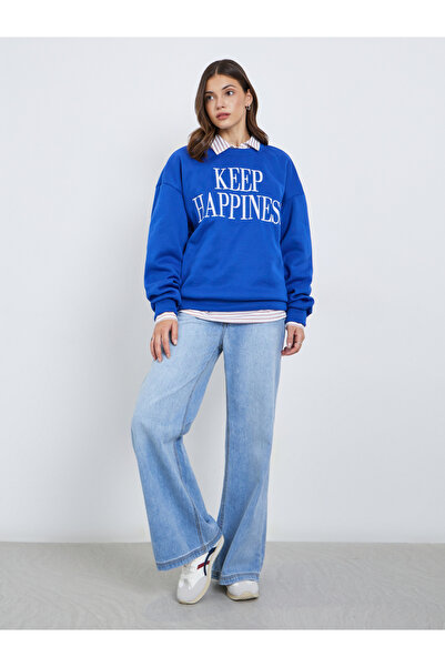 Styli Women Blue Slogan Print Sweatshirt
