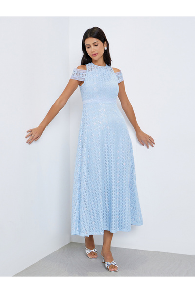 Styli Blue Lace A-Line Maxi Dress