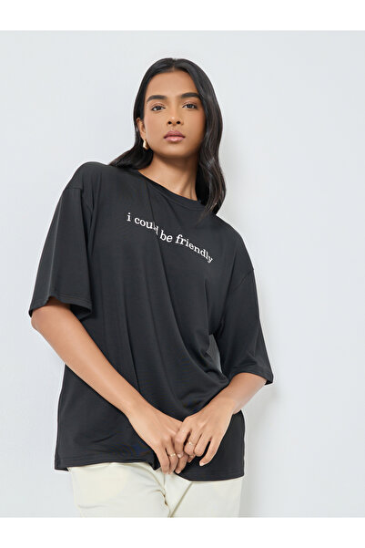 Take Two By Styli Women Black Slogan Oversized T-Shirt