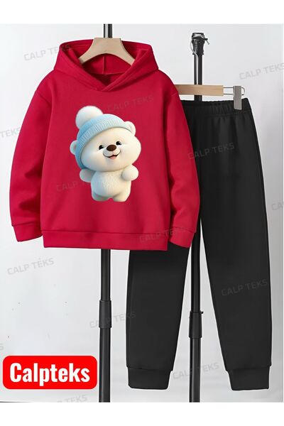 CALP TEKS Thick Cotton Hooded Children's Tracksuit with Puffy Bear Print