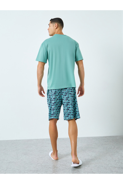 Styli Men Teal Solid T-Shirt and Fish Print Shorts Pyjama Set