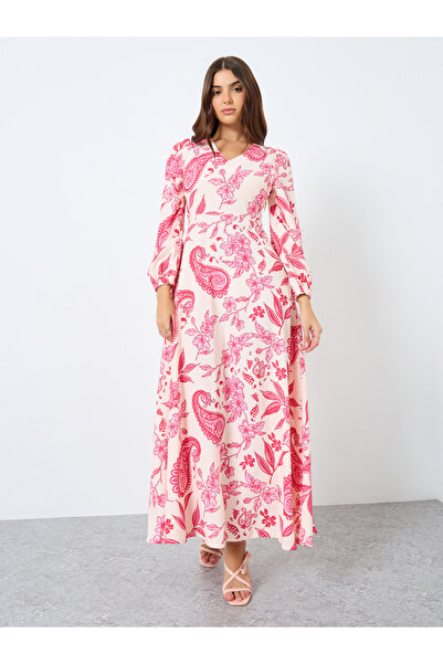 Styli All-Over Print Balloon Sleeves A-Line Maxi Dress