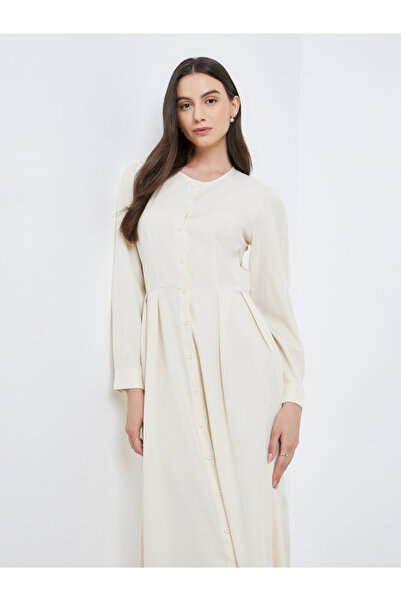 Take Two By Styli Beige Pleated Buttoned A-Line Midi Dress