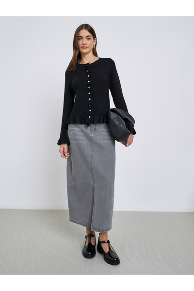 Styli Black Regular Fit Ruffle Trim Knit Cardigan