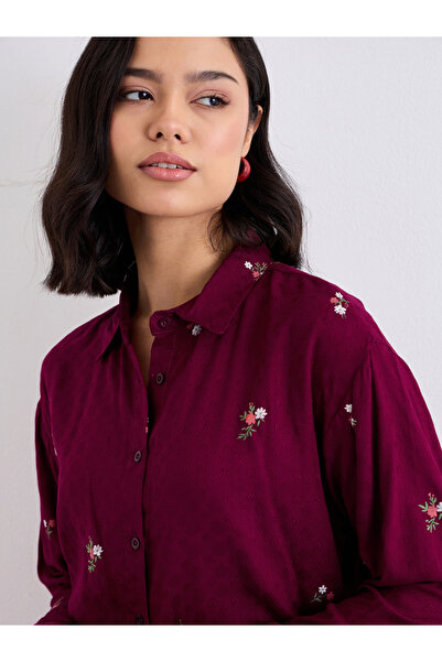 Styli Burgundy Embroidered Spread Collar Shirt