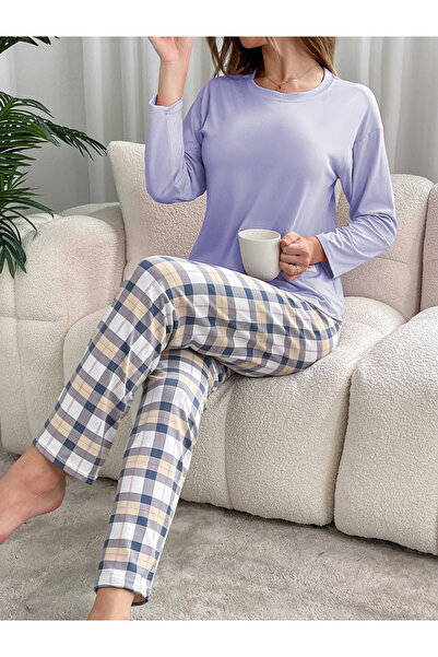 Take Two By Styli Purple Solid T-Shirt and Checked Pyjama Set