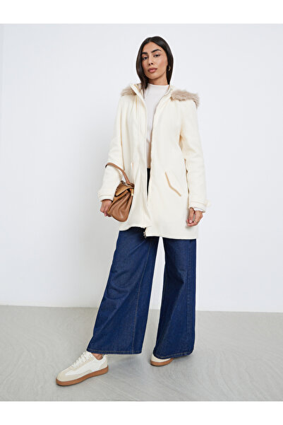 Styli Off White Longline Wool Like Coat with Faux Fur Trim