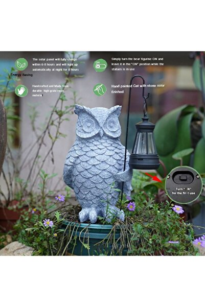 Flippy LED Garden Ornament Owl with Lantern, Resin, 21.5x15 cm, Grey