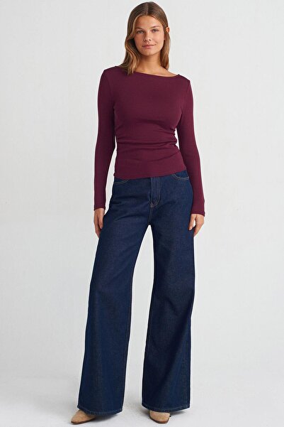 Madmext Burgundy Boat Neck Long Sleeve Women's Top Body Mg2267