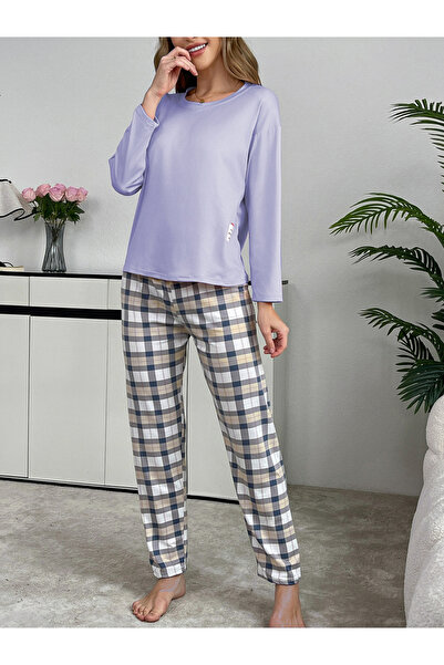 Take Two By Styli Purple Solid T-Shirt and Checked Pyjama Set