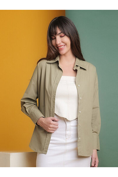 Freehand By Styli Women Green Cotton Oversized Shirt