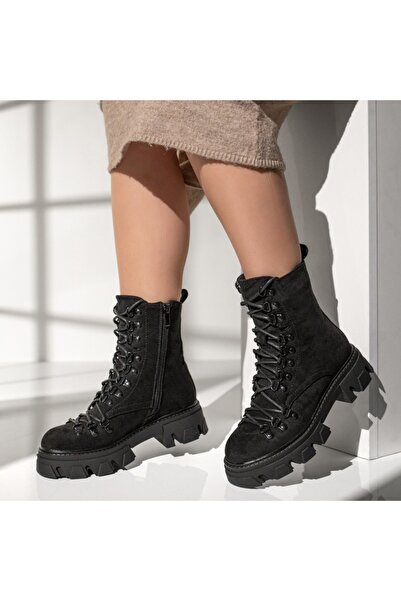 Modlet.ro Ghete negre cu șireturi din piele întoarsă pentru femei și fermoar ...