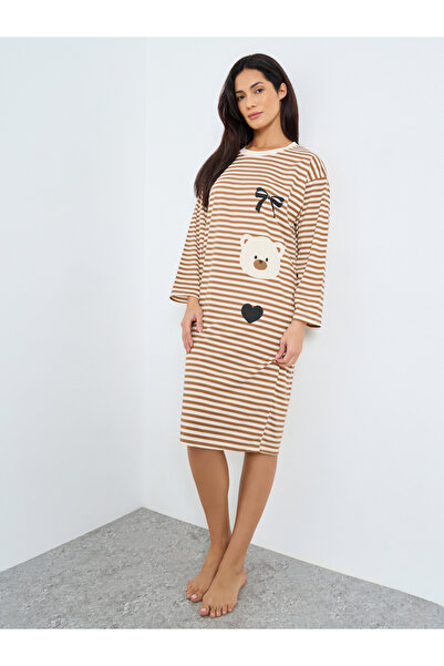Take Two By Styli Striped Bear Print Long Sleeve Nightdress