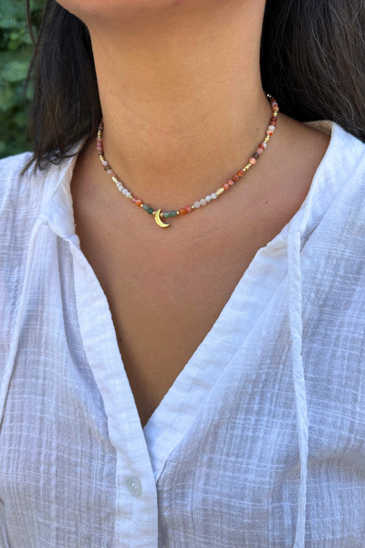 Suerte Accessories Agate Moonstone Sunstone Aventurine Natural Stone Gold Moon Point Handmade Minimal Natural Stone Necklace