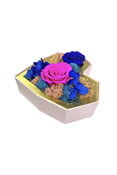 velve Aranjament Floral Special 5,flori criogenate,muschi cret,licheni naturali stabilizati, roz-albastru