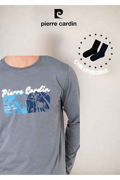 Pierre Cardin %100 Pamuk Uzun Kol Lisanslı & Baskılı Pijama Takımı (2 Adet Hediye Çorap) L1.PC.6096.001