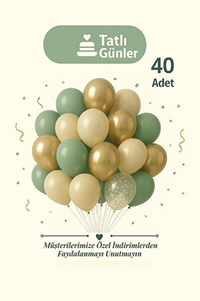 TATLI GÜNLER 40’lı Küf Yeşili & Altın ve Deniz Kumu Konsept Parti Balon Seti – Doğum Günü, Nişan, Dekoru