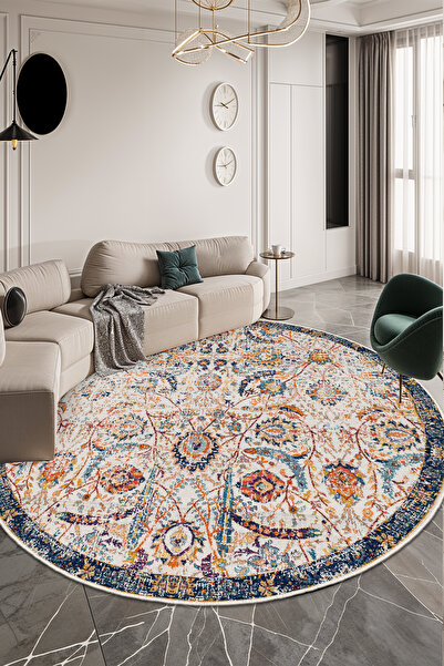 Emiroğlu Otantik Silme Desen Kaymaz Taban Yuvarlak Salon ve Oda Halısı – Yıkanabilir, Konforlu Tasarım