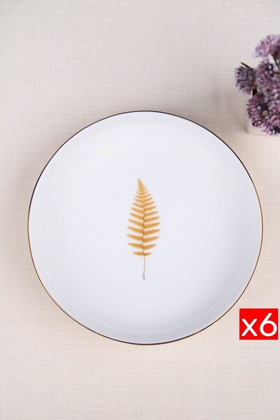 tabakevi Tabak Evi Porselen Natura Fern Altın Yaldız Çukur Tabak 18,50cm 6 lı