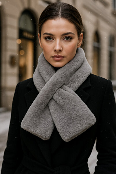 Adorisse Gri Yumuşak Tüylü Peluş Boyunluk Atkı - Moda Ve Sıcak Tutma Için, So...