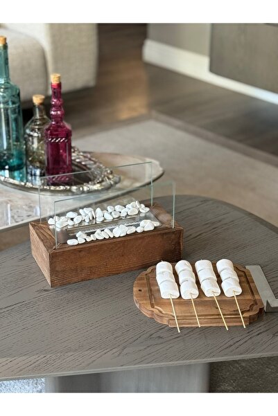 Lin Dekor Doğal Ahşap Masaüstü Şömine Yakıt + Taş Hediyeli