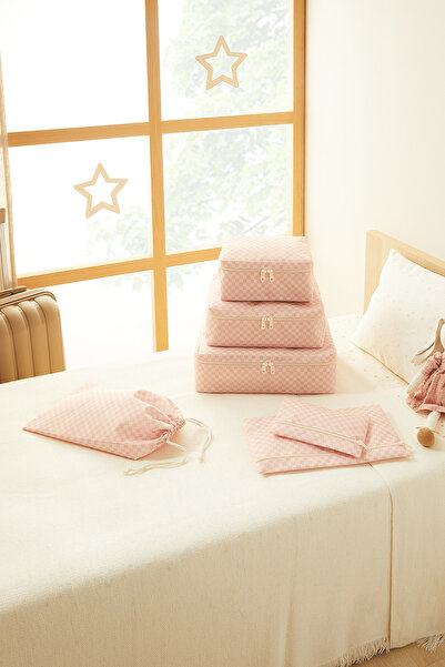 Ocean Home Textile 6'lı Pembe Dama Pamuklu Valiz Düzenleyici Bavul İçi Organizer Set, Seyahat Hurcu