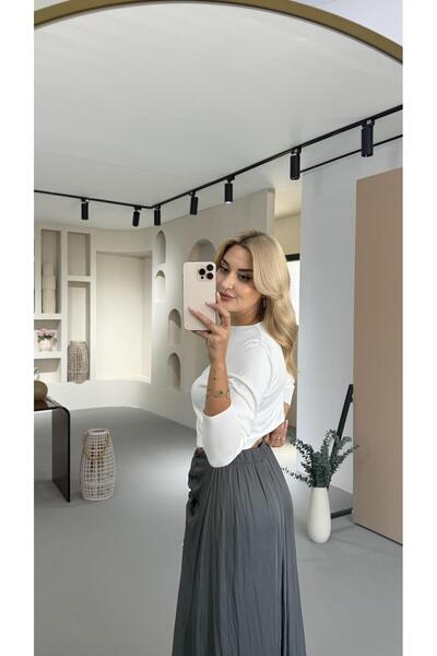 Sezgi Tekin Gathered Detail Elastic Waist Wrinkled Effect Anthracite Satin Skirt