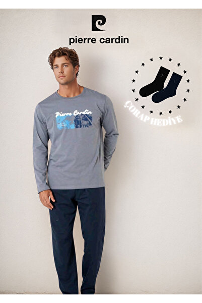 Pierre Cardin %100 Pamuk Uzun Kol Lisanslı & Baskılı Pijama Takımı (2 Adet Hediye Çorap) L1.PC.6096.001