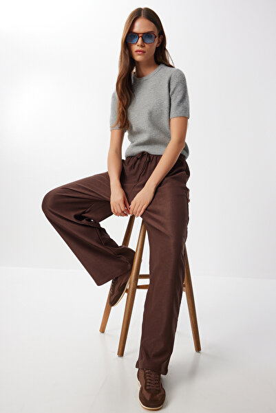 Lovelyİstanbul Geniş Paça Fitilli Örme Pantolon LMW0031 KAHVERENGİ