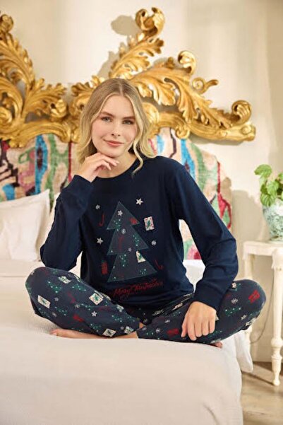 Aydoğan Navy Blue New Year Concept Thermal Long Sleeve Women's Pajama Set