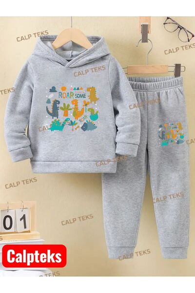CALP TEKS Dinosaur Printed Thick Cotton Hooded Children's Tracksuit Set