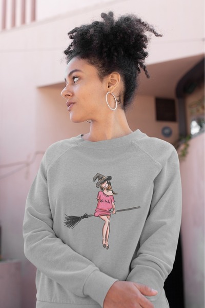 ArtYus Colorful Printed Crew Neck Sweatshirt with Broom Detail
