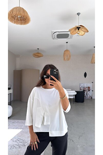 Buket Teke Λευκή μίνι μπλούζα με φερμουάρ με λεπτομέρειες από ποπλίνα