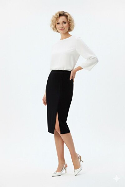 Green'DAL Kadın Giyim Siyah Mini Yırtmaçlı Kadife Kalem Etek