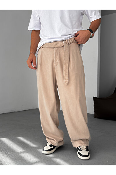 BYBASICMAN Bej Kemerli Likralı Baggy Pantolon YP-5009