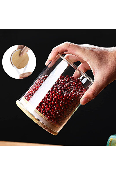 Flash Bazaar 4 Adet Vakumlu Bambu Kapaklı Borosilikat Baharatlık, Saklama Kabı, Çerezlik 500ML