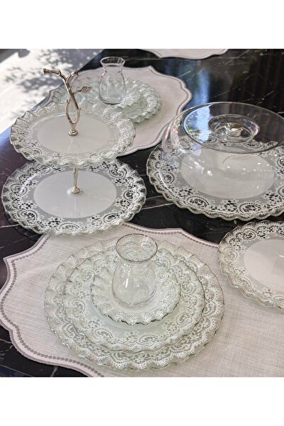Glore 28 Parça Solid Dantel Gümüş Yaldızlı 6 Kişilik Pasta Çay Servis İkram Takımı