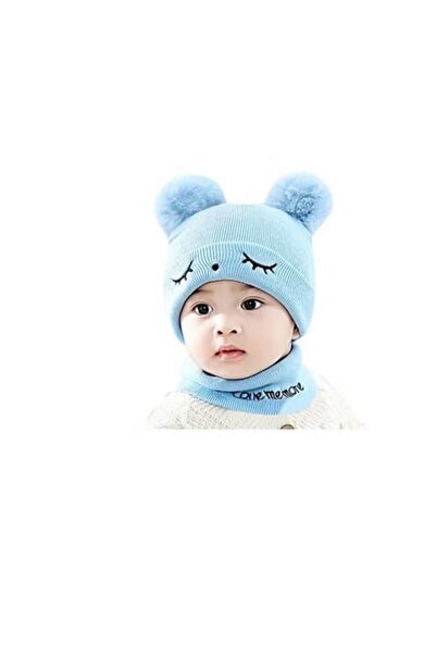 Generac Children's winter set consisting of a light blue wool hat with two ba...