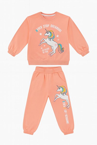 ZUZUNGA Never Stop Dreaming Unicorn Printed Salmon Girls' Tracksuit Set