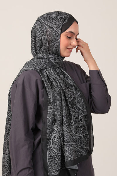 ipekistanbul Cotton Silk Shawl - Ivy Pattern - Black Smoked