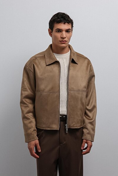 Antioch Beige Zippered Faux Suede Men's Coat