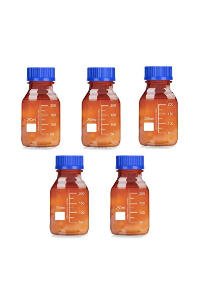 PROTECT Amber Reagent Media Bottle,Graduated Round Storage BottleGL45 Blue Screw Cap, 250 ml pack of 5