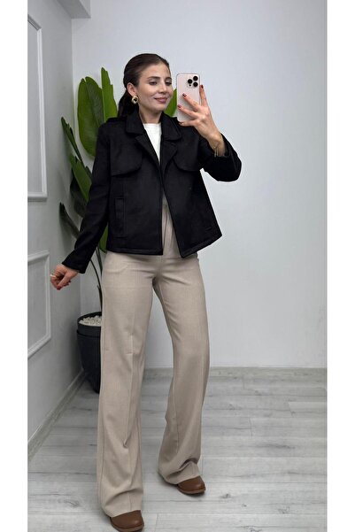 TUNAM BUTİK 2328 سترة بومبر من جلد الغزال بدون غطاء أسود