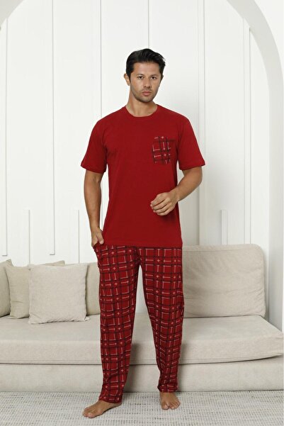 Line Smart Erkek %100 Organik Doğal Pamuk Ekose Cep Detaplı Yüksek Kalite Kısa Kollu Pijama Takımı